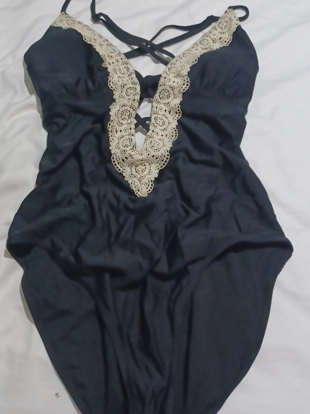 No Boundaries Black One-Piece Swimsuit with Cream Lace Trim